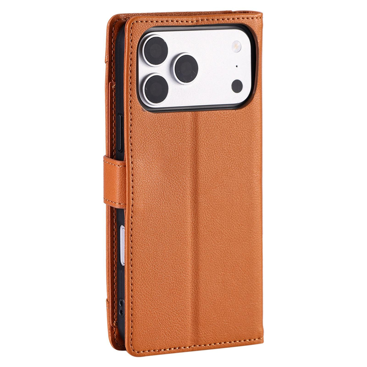 Compatible with iPhone 18 Pro Max & 17 Pro Max Litchi Texture Zipper Wallet Buckle Vegan Leather Phone Case with Wrist Strap - Brown