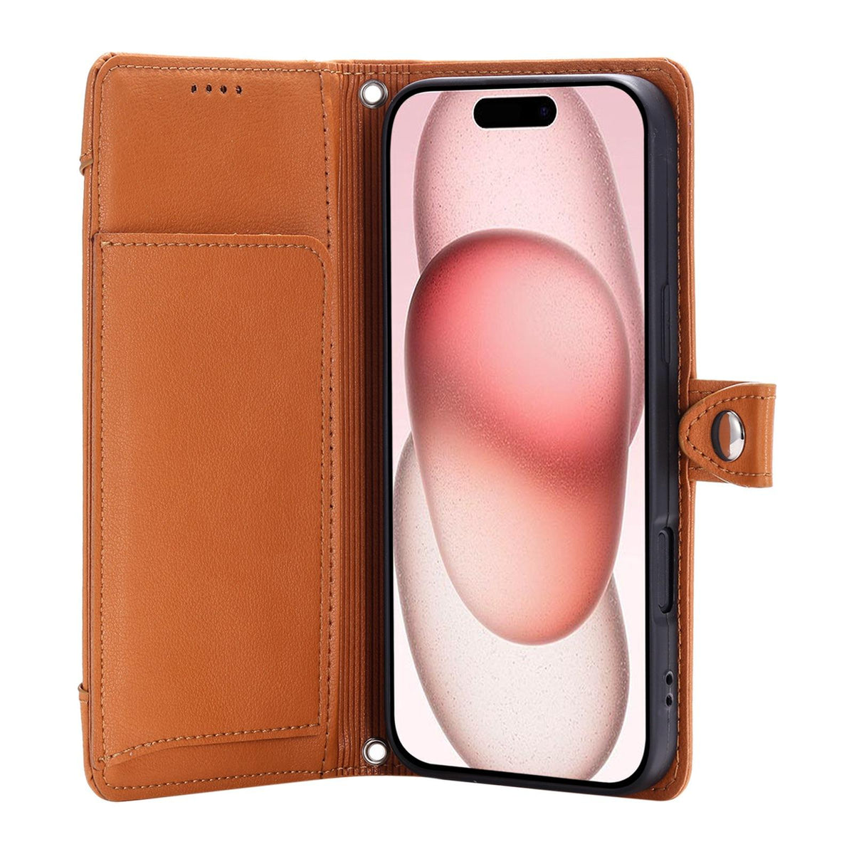 Compatible with iPhone 18 Pro Max & 17 Pro Max Litchi Texture Zipper Wallet Buckle Vegan Leather Phone Case with Wrist Strap - Brown
