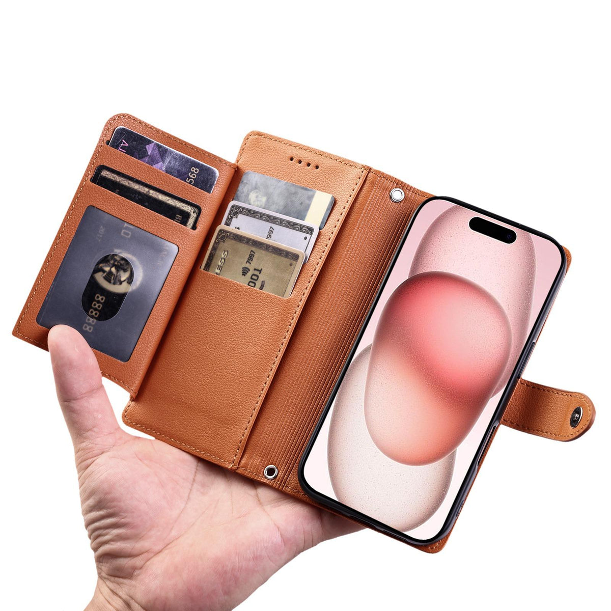 Compatible with iPhone 18 Pro Max & 17 Pro Max Litchi Texture Zipper Wallet Buckle Vegan Leather Phone Case with Wrist Strap - Brown