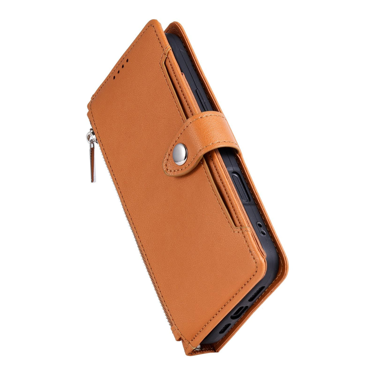 Compatible with iPhone 18 Pro Max & 17 Pro Max Litchi Texture Zipper Wallet Buckle Vegan Leather Phone Case with Wrist Strap - Brown