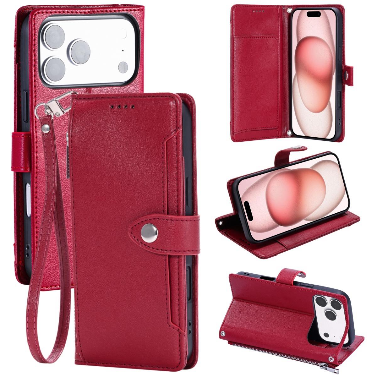 Compatible with iPhone 18 Pro Max & 17 Pro Max Litchi Texture Zipper Wallet Buckle Vegan Leather Phone Case with Wrist Strap - Red