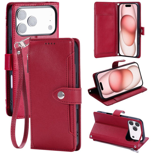 Compatible with iPhone 18 Pro Max & 17 Pro Max Litchi Texture Zipper Wallet Buckle Vegan Leather Phone Case with Wrist Strap - Red