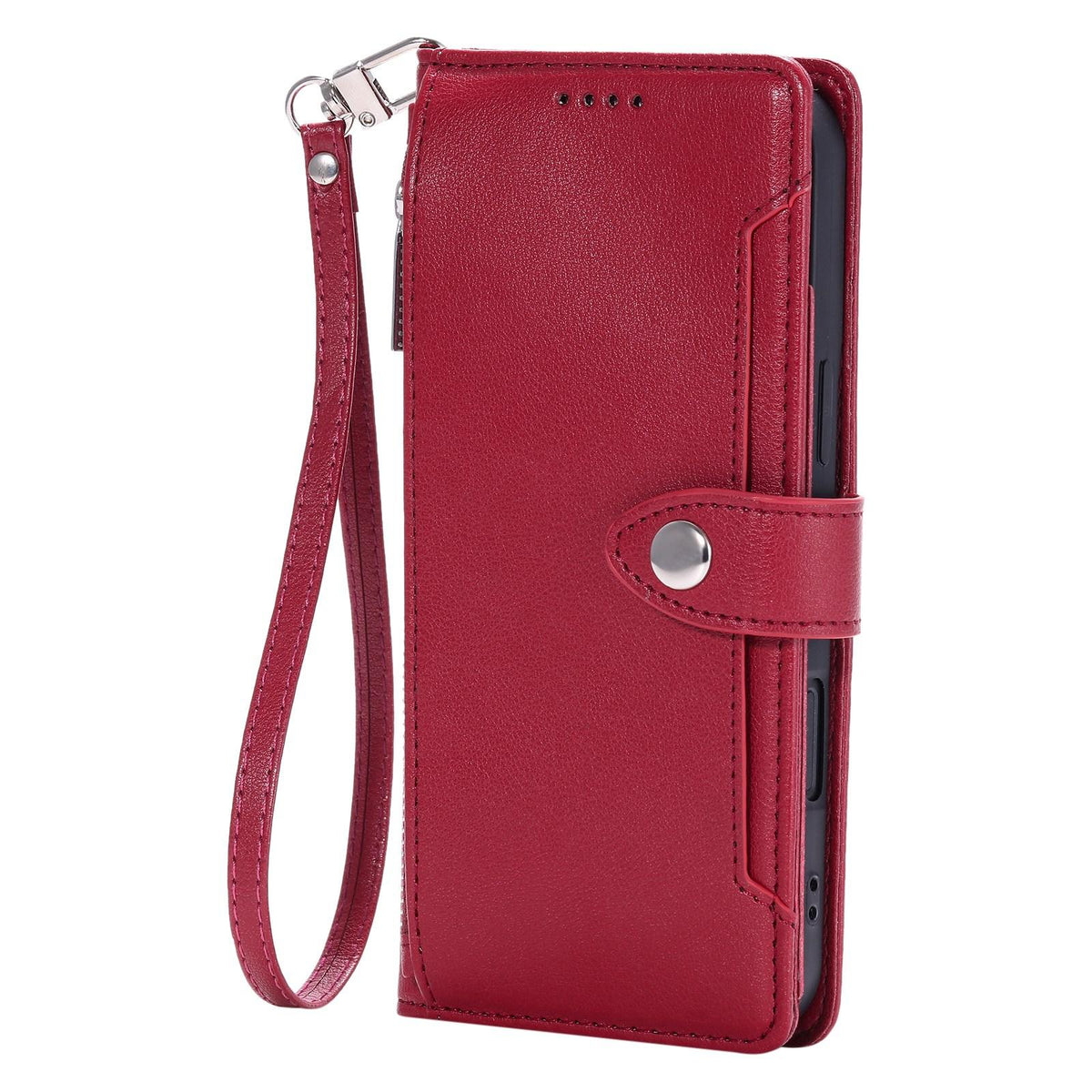 Compatible with iPhone 18 Pro Max & 17 Pro Max Litchi Texture Zipper Wallet Buckle Vegan Leather Phone Case with Wrist Strap - Red