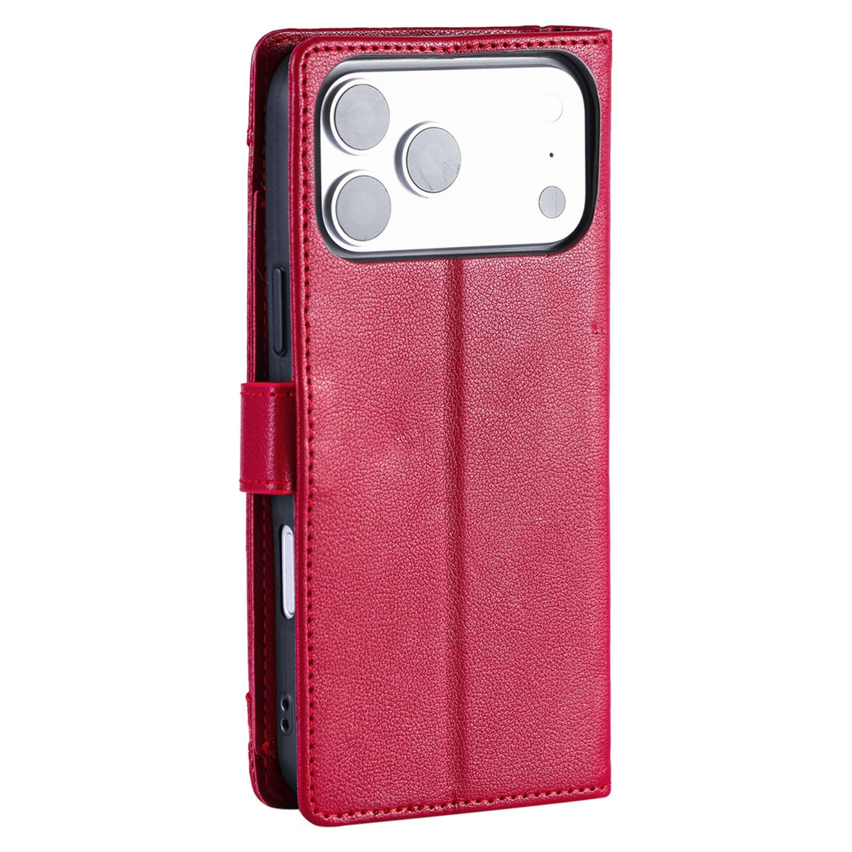 Compatible with iPhone 18 Pro Max & 17 Pro Max Litchi Texture Zipper Wallet Buckle Vegan Leather Phone Case with Wrist Strap - Red