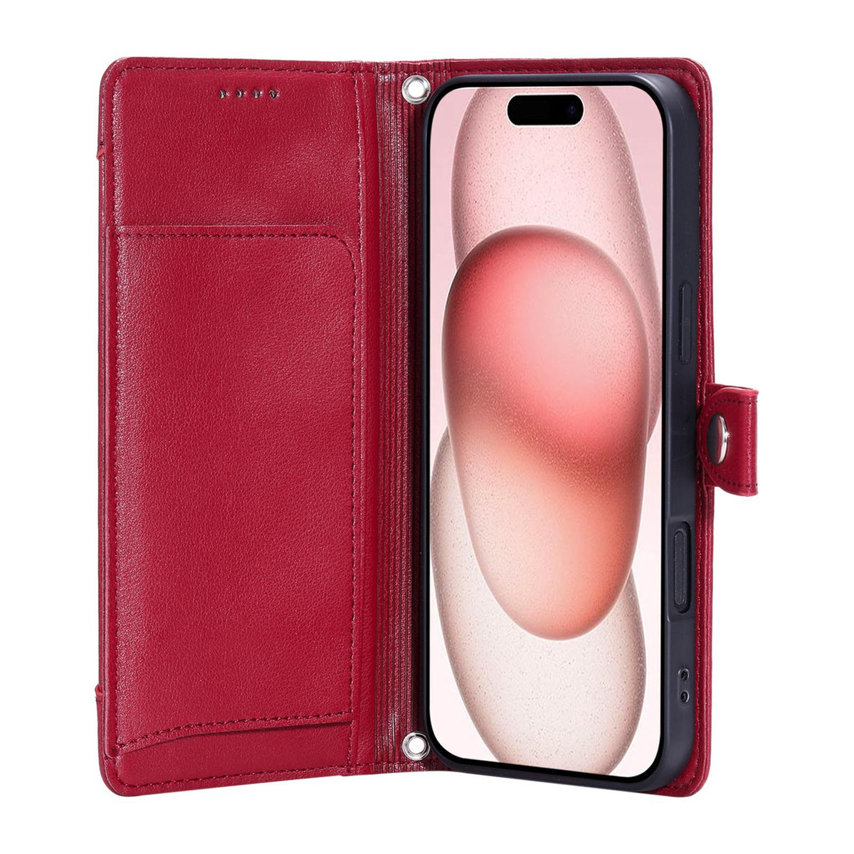Compatible with iPhone 18 Pro Max & 17 Pro Max Litchi Texture Zipper Wallet Buckle Vegan Leather Phone Case with Wrist Strap - Red