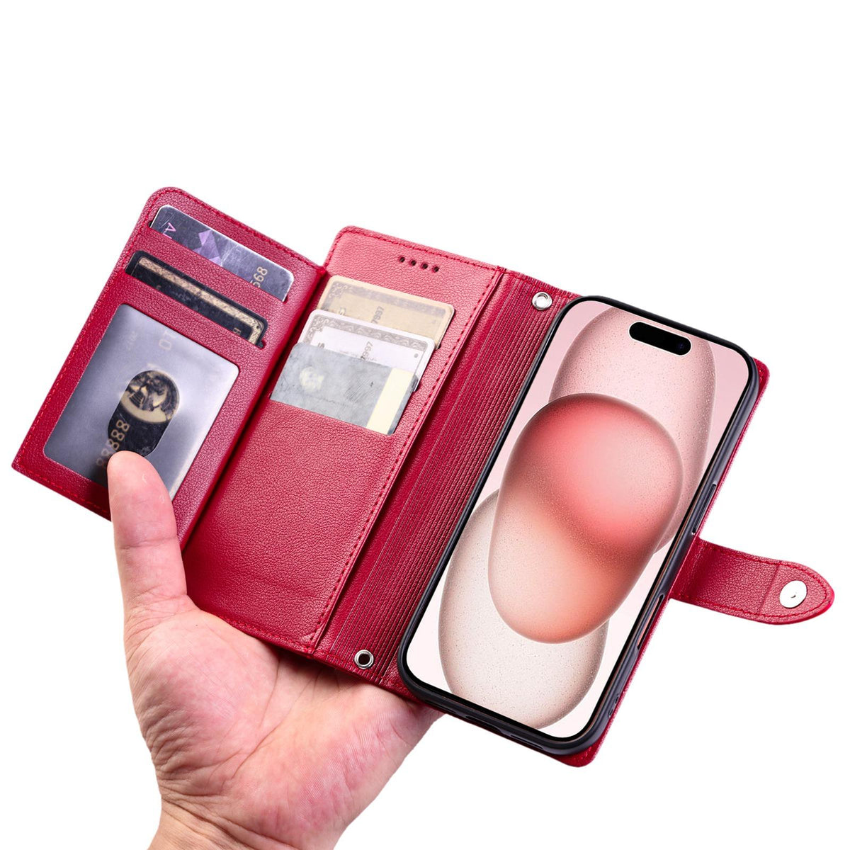 Compatible with iPhone 18 Pro Max & 17 Pro Max Litchi Texture Zipper Wallet Buckle Vegan Leather Phone Case with Wrist Strap - Red
