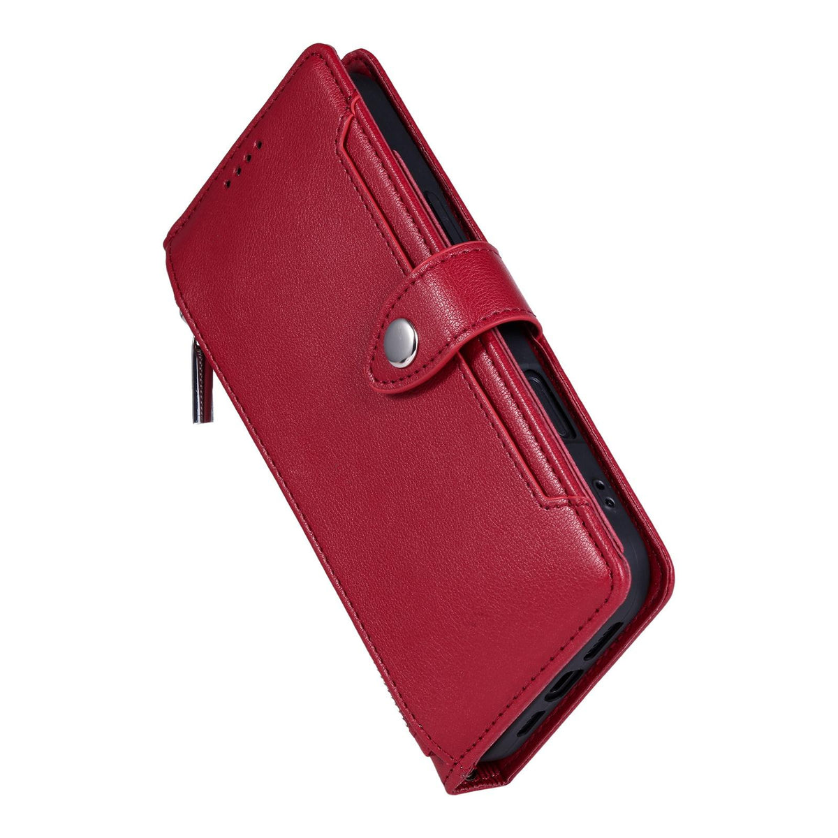 Compatible with iPhone 18 Pro Max & 17 Pro Max Litchi Texture Zipper Wallet Buckle Vegan Leather Phone Case with Wrist Strap - Red
