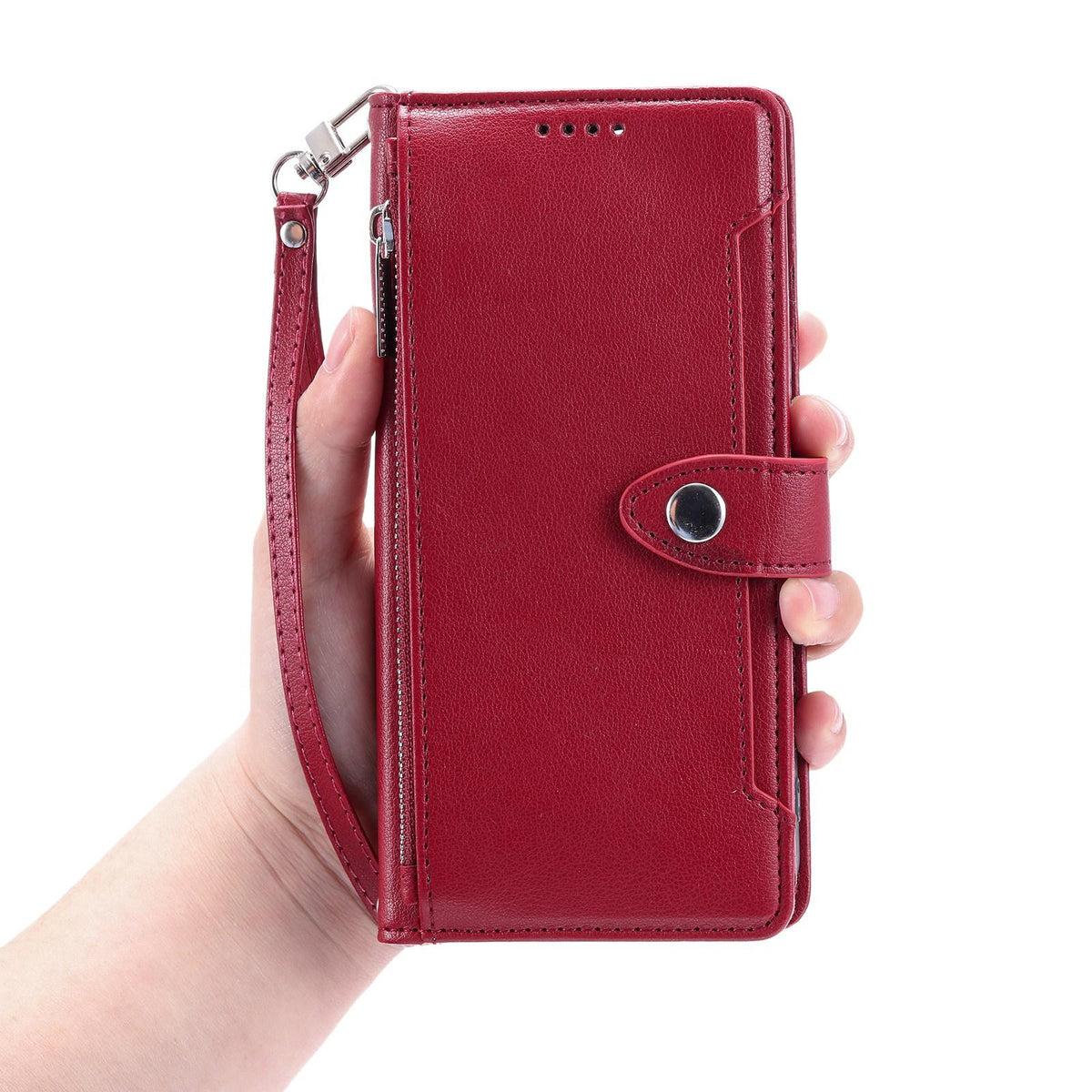 Compatible with iPhone 18 Pro Max & 17 Pro Max Litchi Texture Zipper Wallet Buckle Vegan Leather Phone Case with Wrist Strap - Red
