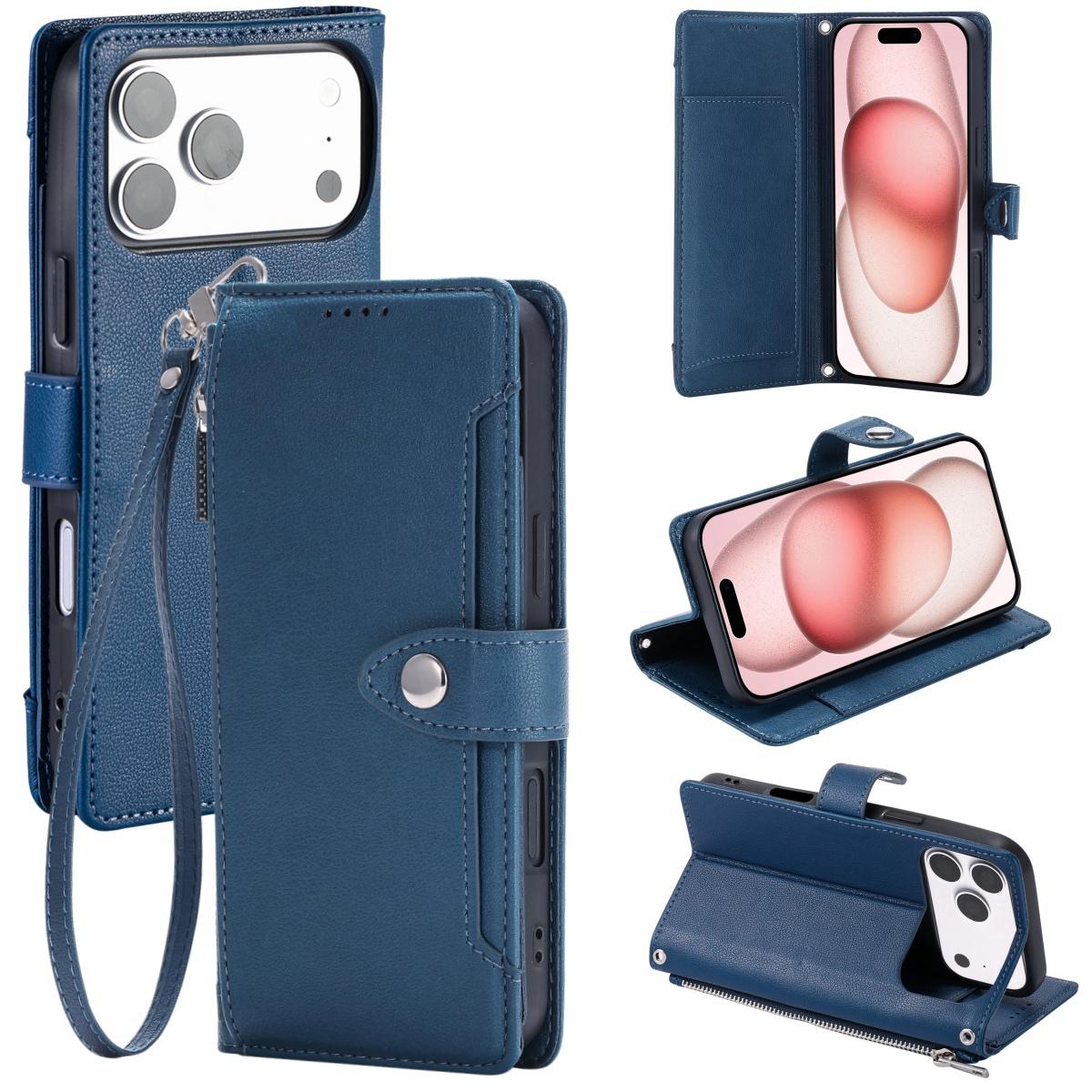 Compatible with iPhone 18 Pro Max & 17 Pro Max Litchi Texture Zipper Wallet Buckle Vegan Leather Phone Case with Wrist Strap - Blue