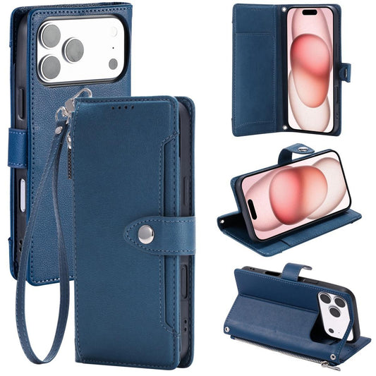 Compatible with iPhone 18 Pro Max & 17 Pro Max Litchi Texture Zipper Wallet Buckle Vegan Leather Phone Case with Wrist Strap - Blue