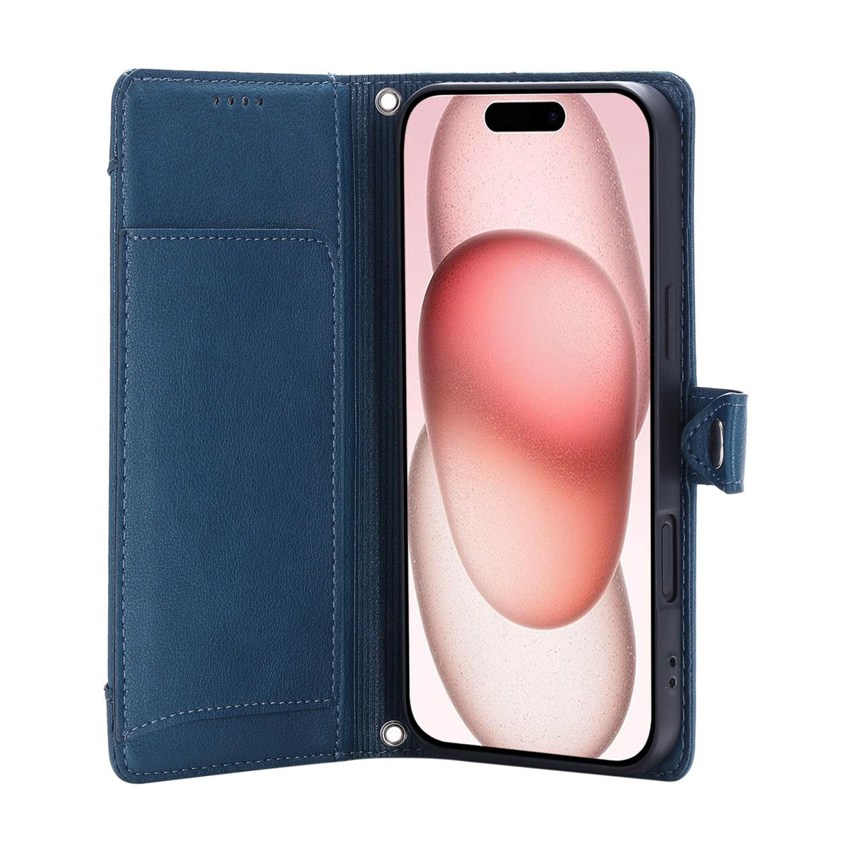 Compatible with iPhone 18 Pro Max & 17 Pro Max Litchi Texture Zipper Wallet Buckle Vegan Leather Phone Case with Wrist Strap - Blue