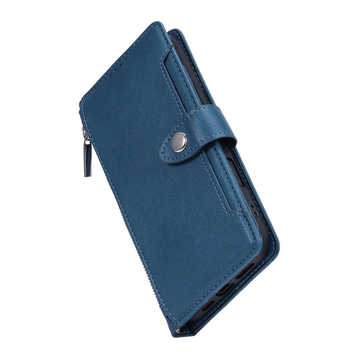 Compatible with iPhone 18 Pro Max & 17 Pro Max Litchi Texture Zipper Wallet Buckle Vegan Leather Phone Case with Wrist Strap - Blue
