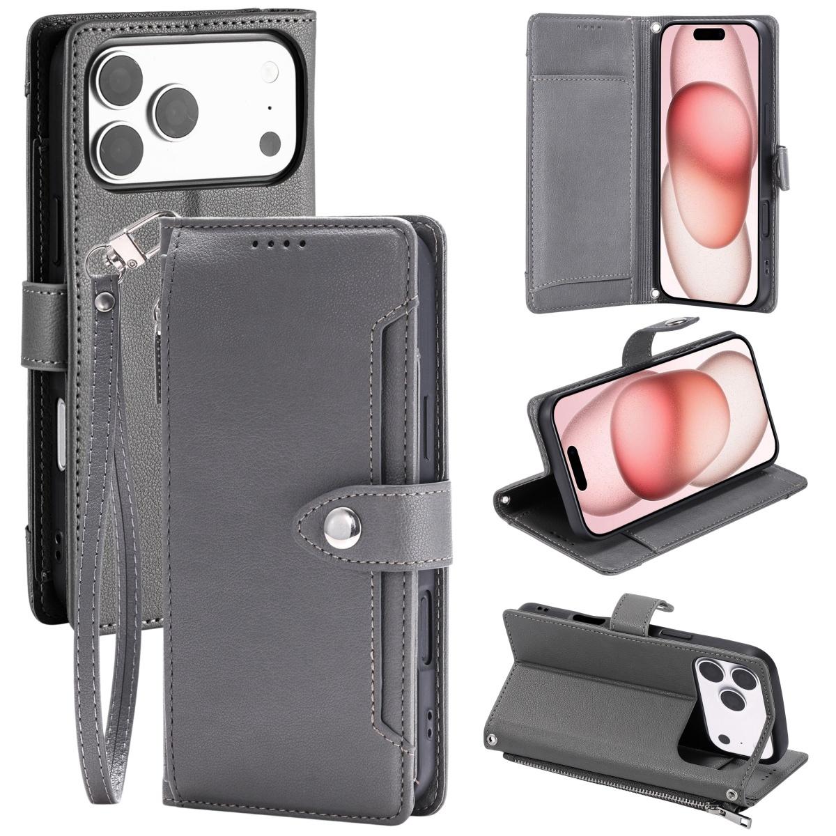 Compatible with iPhone 18 Pro Max & 17 Pro Max Litchi Texture Zipper Wallet Buckle Vegan Leather Phone Case with Wrist Strap - Grey