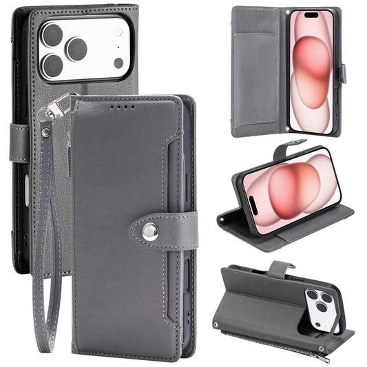 Compatible with iPhone 18 Pro Max & 17 Pro Max Litchi Texture Zipper Wallet Buckle Vegan Leather Phone Case with Wrist Strap - Grey