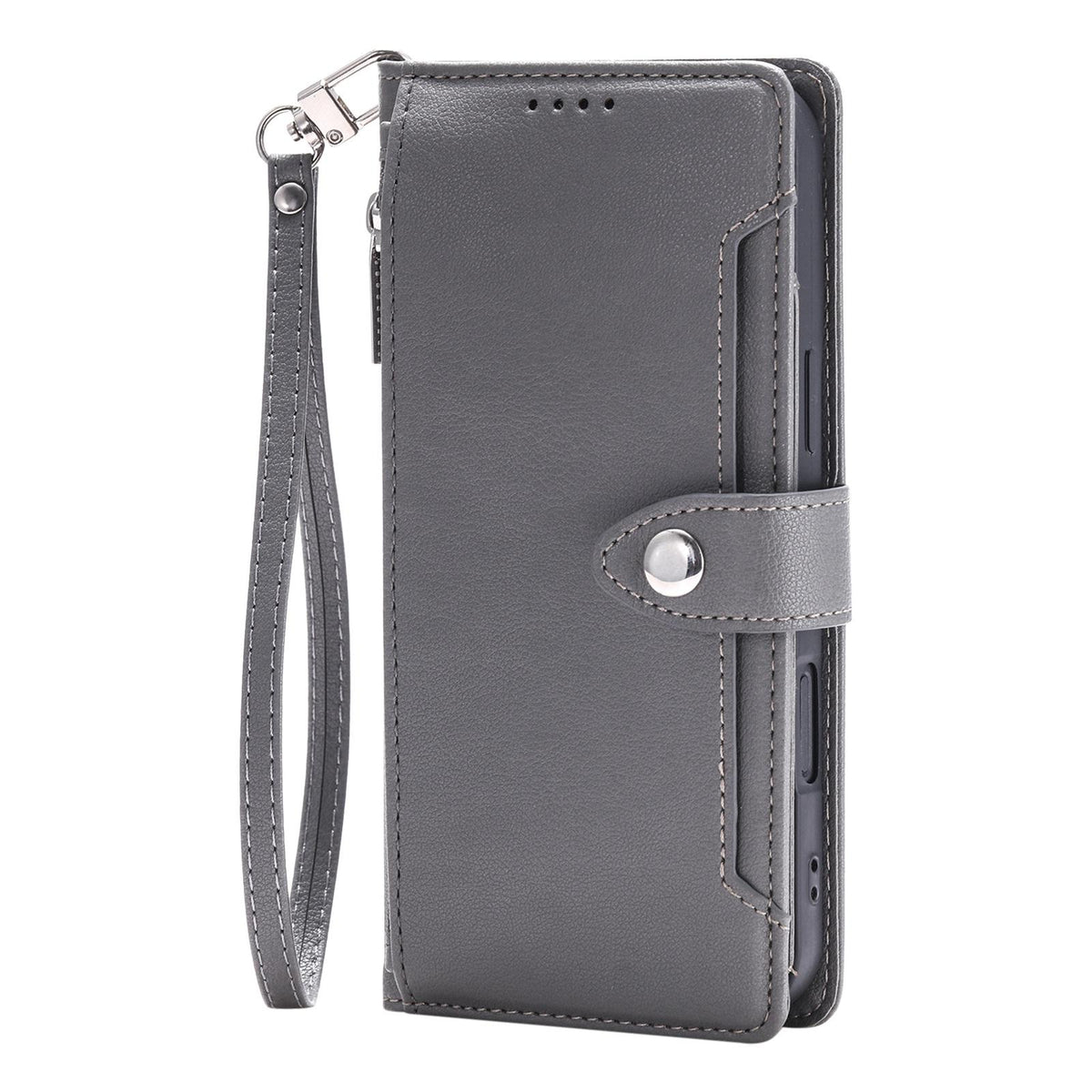 Compatible with iPhone 18 Pro Max & 17 Pro Max Litchi Texture Zipper Wallet Buckle Vegan Leather Phone Case with Wrist Strap - Grey