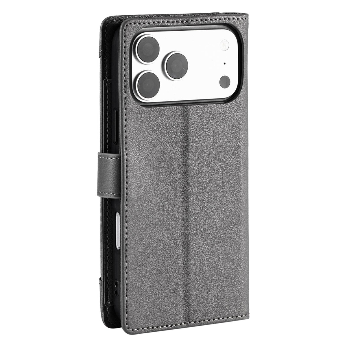 Compatible with iPhone 18 Pro Max & 17 Pro Max Litchi Texture Zipper Wallet Buckle Vegan Leather Phone Case with Wrist Strap - Grey