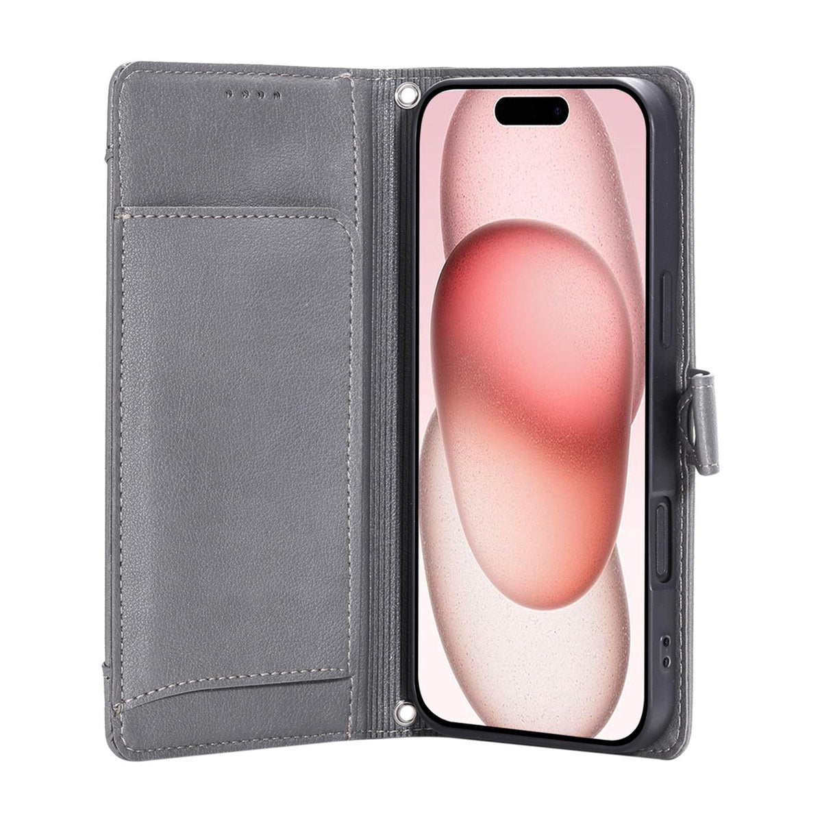 Compatible with iPhone 18 Pro Max & 17 Pro Max Litchi Texture Zipper Wallet Buckle Vegan Leather Phone Case with Wrist Strap - Grey