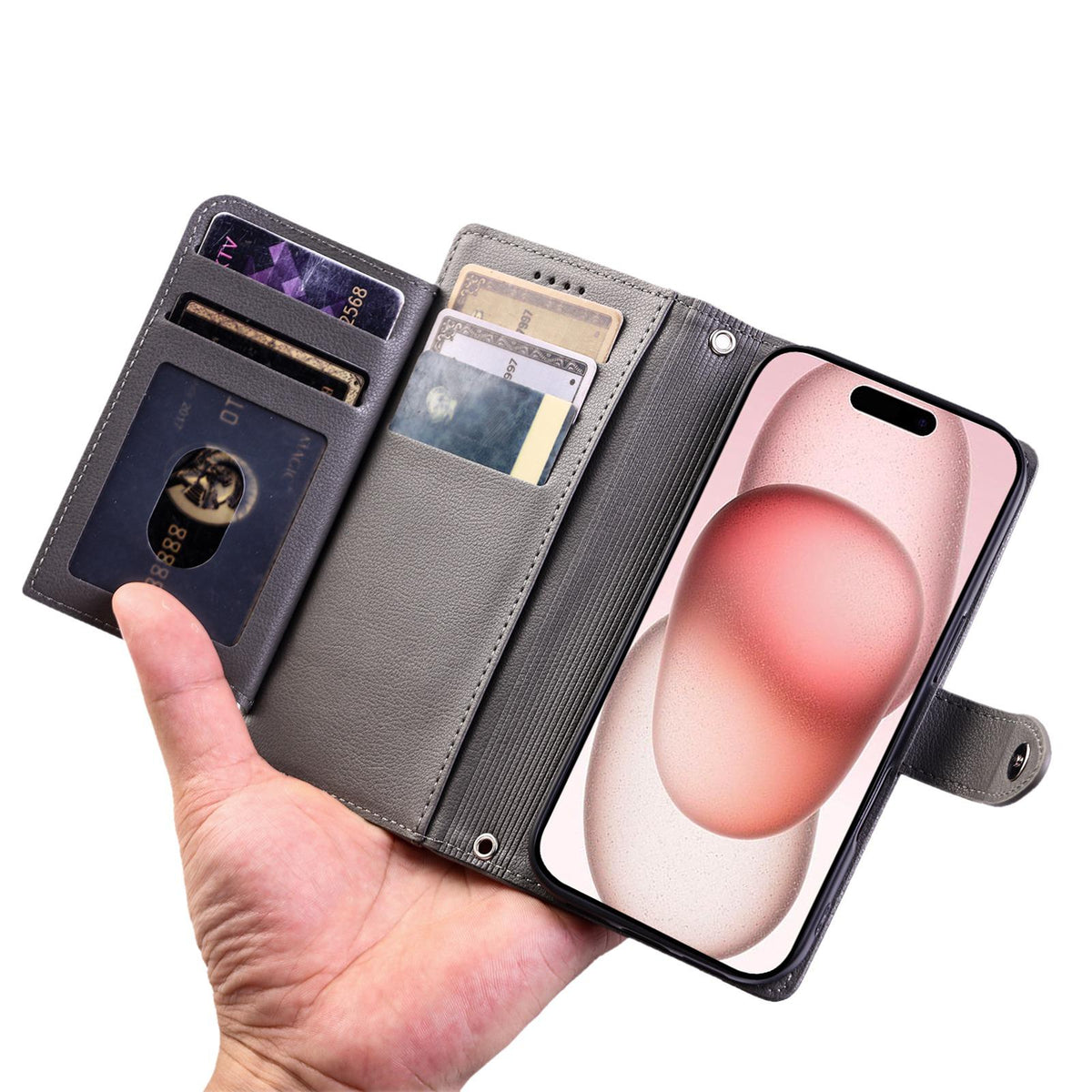 Compatible with iPhone 18 Pro Max & 17 Pro Max Litchi Texture Zipper Wallet Buckle Vegan Leather Phone Case with Wrist Strap - Grey