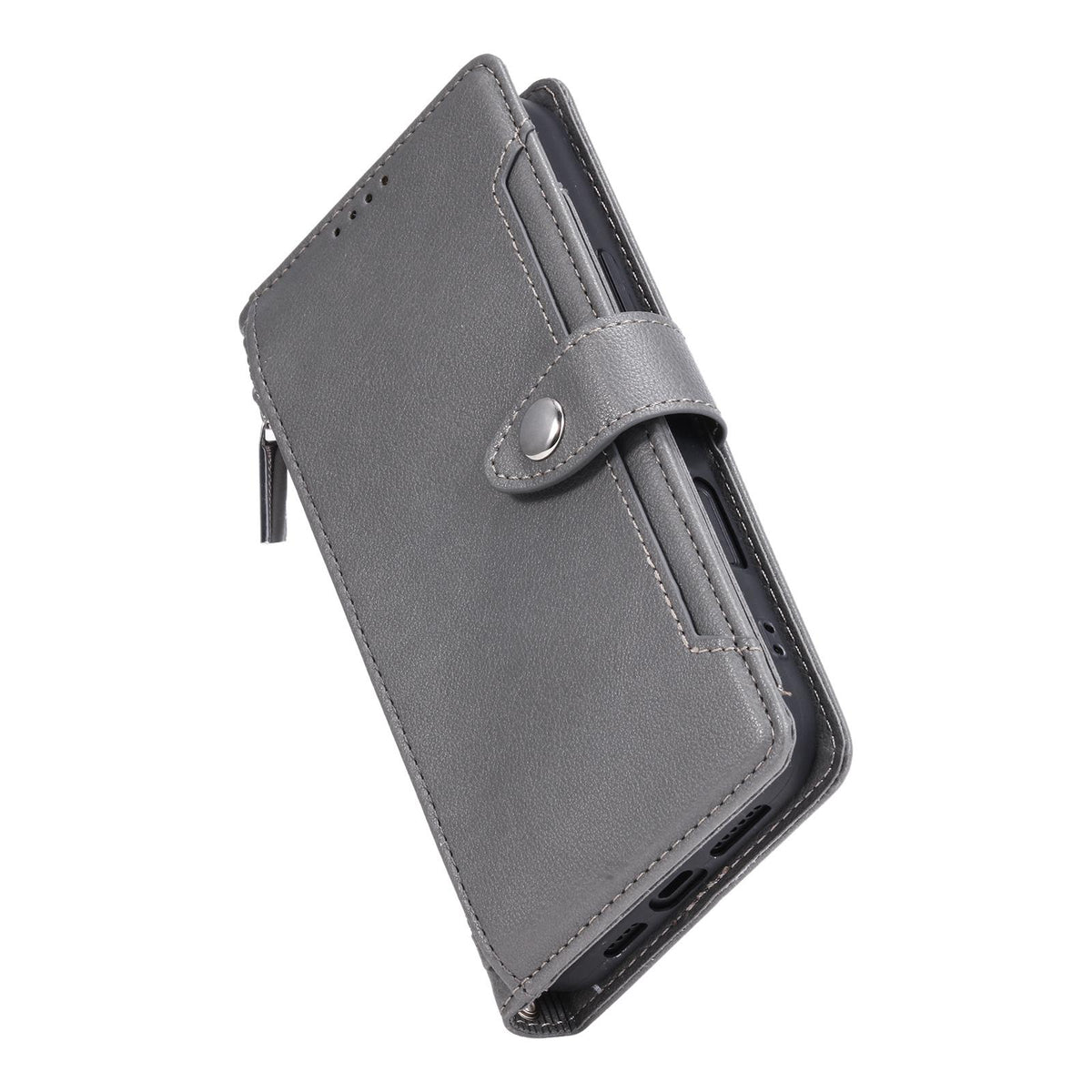 Compatible with iPhone 18 Pro Max & 17 Pro Max Litchi Texture Zipper Wallet Buckle Vegan Leather Phone Case with Wrist Strap - Grey