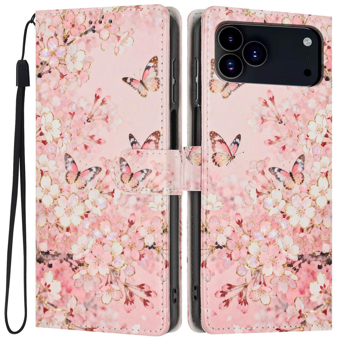 Compatible with iPhone 18 Pro Max Colorful Painting Vegan Leather Phone Case with Lanyard - Pink Flower Butterfly