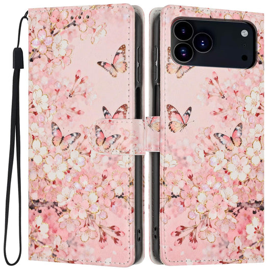 Compatible with iPhone 18 Pro Max Colorful Painting Vegan Leather Phone Case with Lanyard - Pink Flower Butterfly