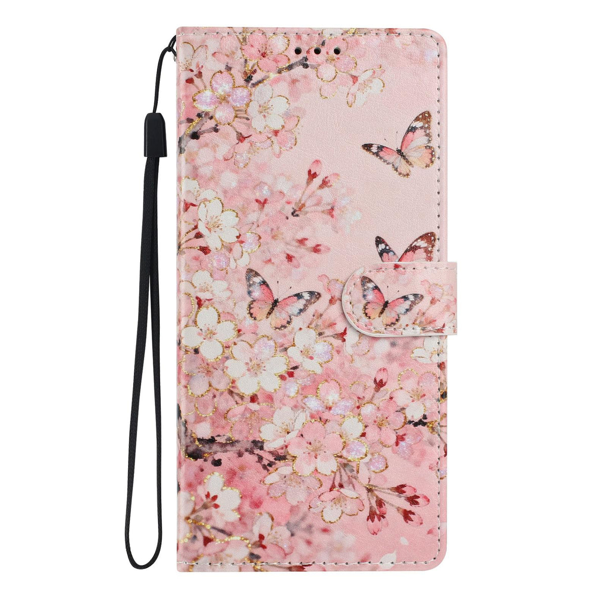 Compatible with iPhone 18 Pro Max Colorful Painting Vegan Leather Phone Case with Lanyard - Pink Flower Butterfly