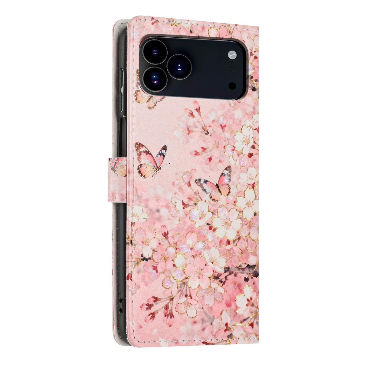 Compatible with iPhone 18 Pro Max Colorful Painting Vegan Leather Phone Case with Lanyard - Pink Flower Butterfly