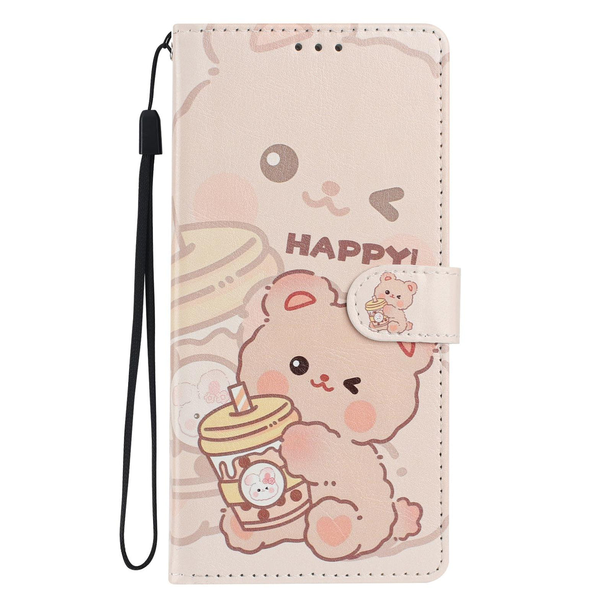 Compatible with iPhone 18 Pro Max Colorful Painting Vegan Leather Phone Case with Lanyard - Milk Tea Bear