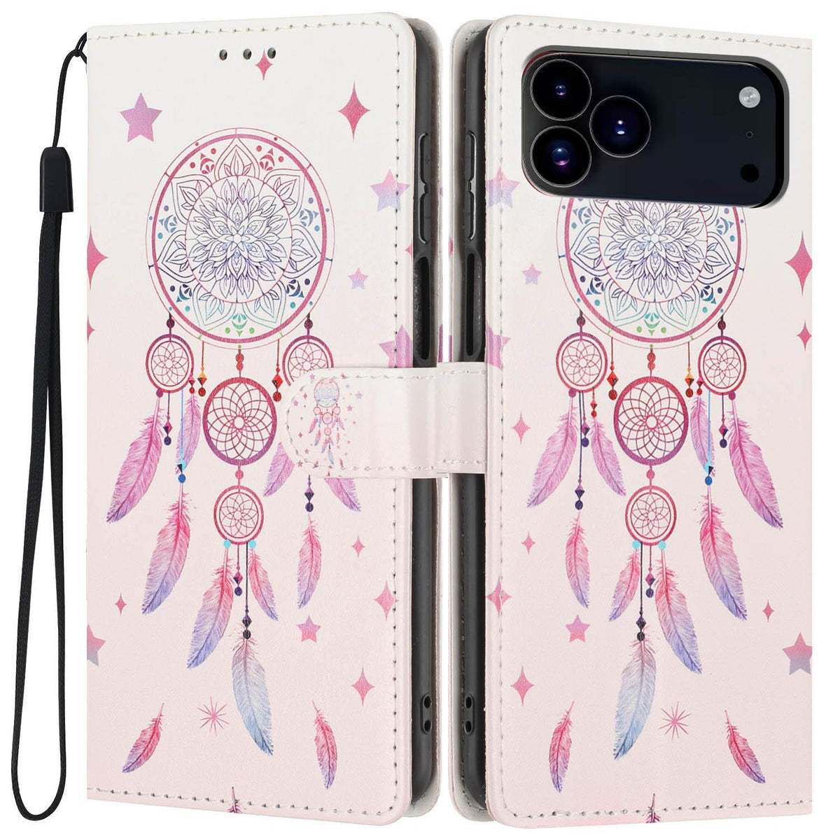Compatible with iPhone 18 Pro Max Colorful Painting Vegan Leather Phone Case with Lanyard - Feather Wind Chimes