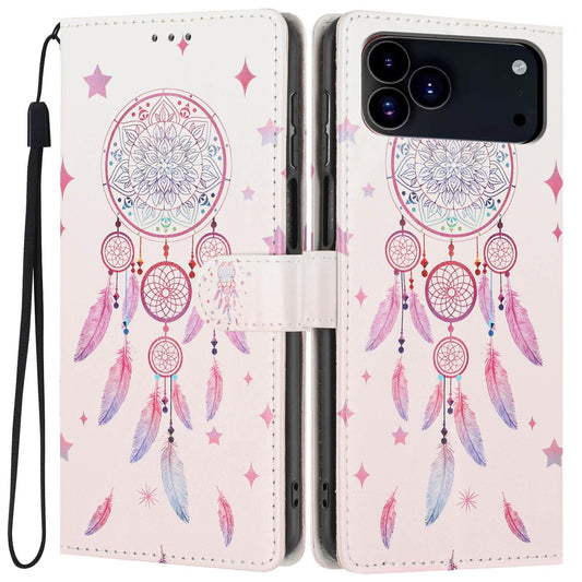 Compatible with iPhone 18 Pro Max Colorful Painting Vegan Leather Phone Case with Lanyard - Feather Wind Chimes