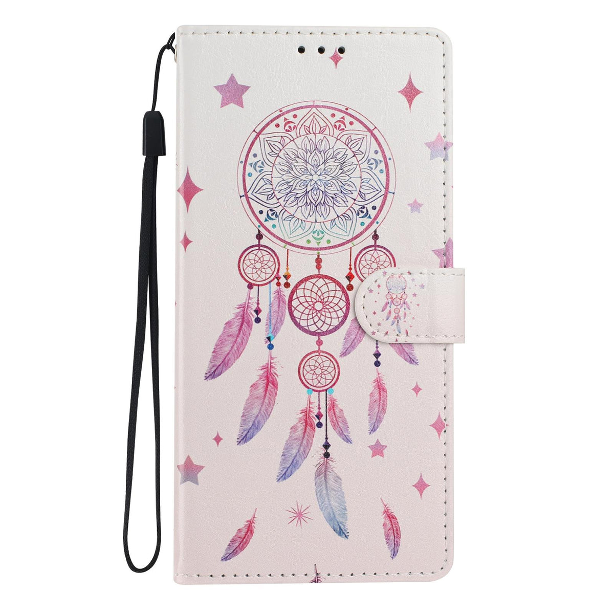 Compatible with iPhone 18 Pro Max Colorful Painting Vegan Leather Phone Case with Lanyard - Feather Wind Chimes