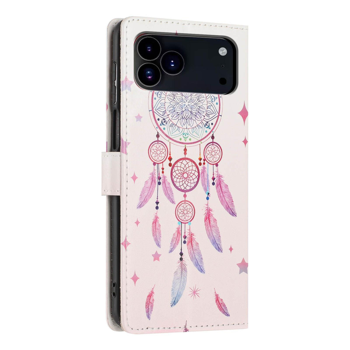 Compatible with iPhone 18 Pro Max Colorful Painting Vegan Leather Phone Case with Lanyard - Feather Wind Chimes