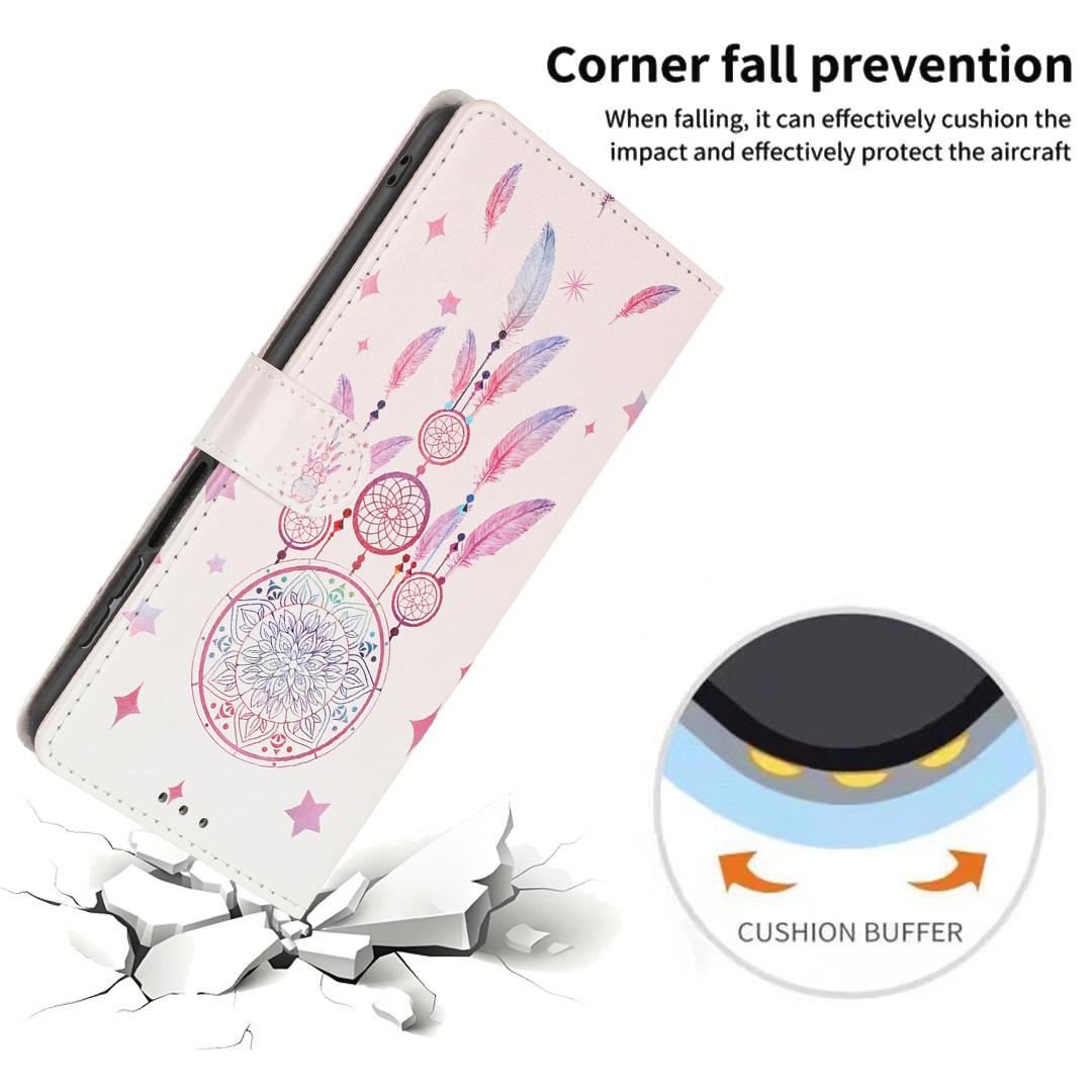 Compatible with iPhone 18 Pro Max Colorful Painting Vegan Leather Phone Case with Lanyard - Feather Wind Chimes