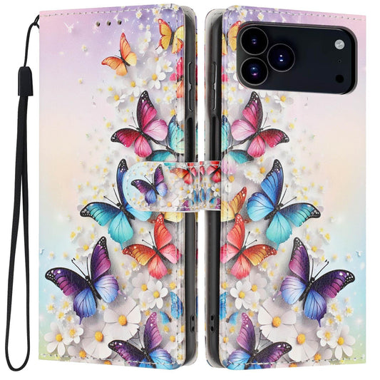 Compatible with iPhone 18 Pro Max Colorful Painting Vegan Leather Phone Case with Lanyard - Colorful Butterflies