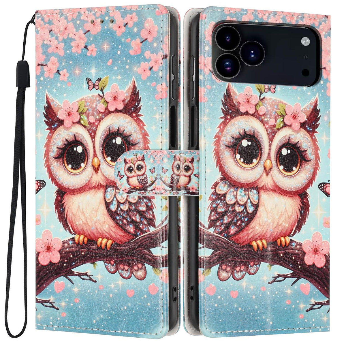 Compatible with iPhone 18 Pro Max Colorful Painting Vegan Leather Phone Case with Lanyard - Cherry Blossom Owl