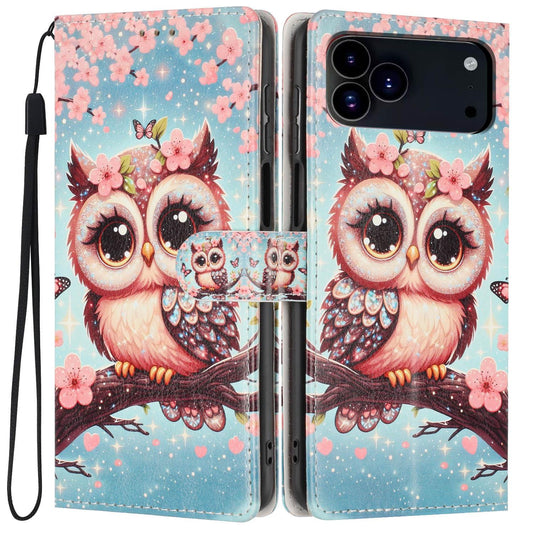 Compatible with iPhone 18 Pro Max Colorful Painting Vegan Leather Phone Case with Lanyard - Cherry Blossom Owl