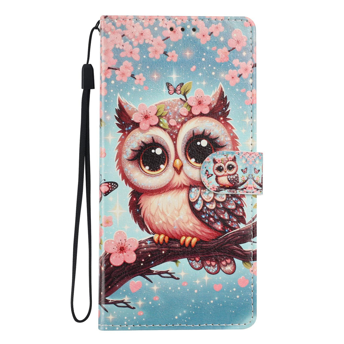 Compatible with iPhone 18 Pro Max Colorful Painting Vegan Leather Phone Case with Lanyard - Cherry Blossom Owl