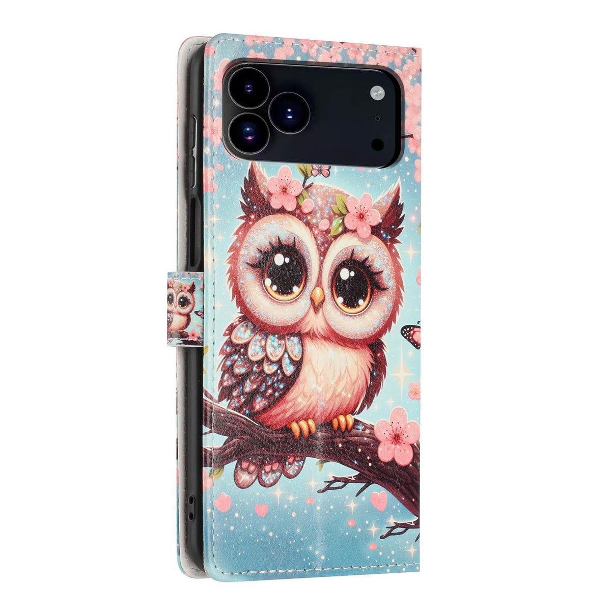 Compatible with iPhone 18 Pro Max Colorful Painting Vegan Leather Phone Case with Lanyard - Cherry Blossom Owl