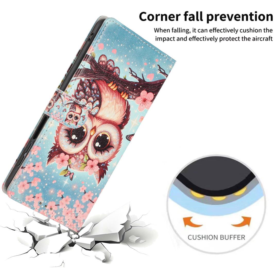 Compatible with iPhone 18 Pro Max Colorful Painting Vegan Leather Phone Case with Lanyard - Cherry Blossom Owl