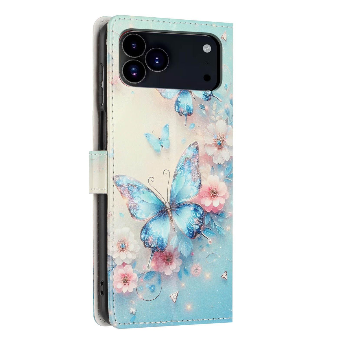 Compatible with iPhone 18 Pro Max Colorful Painting Vegan Leather Phone Case with Lanyard - Blue Butterflies
