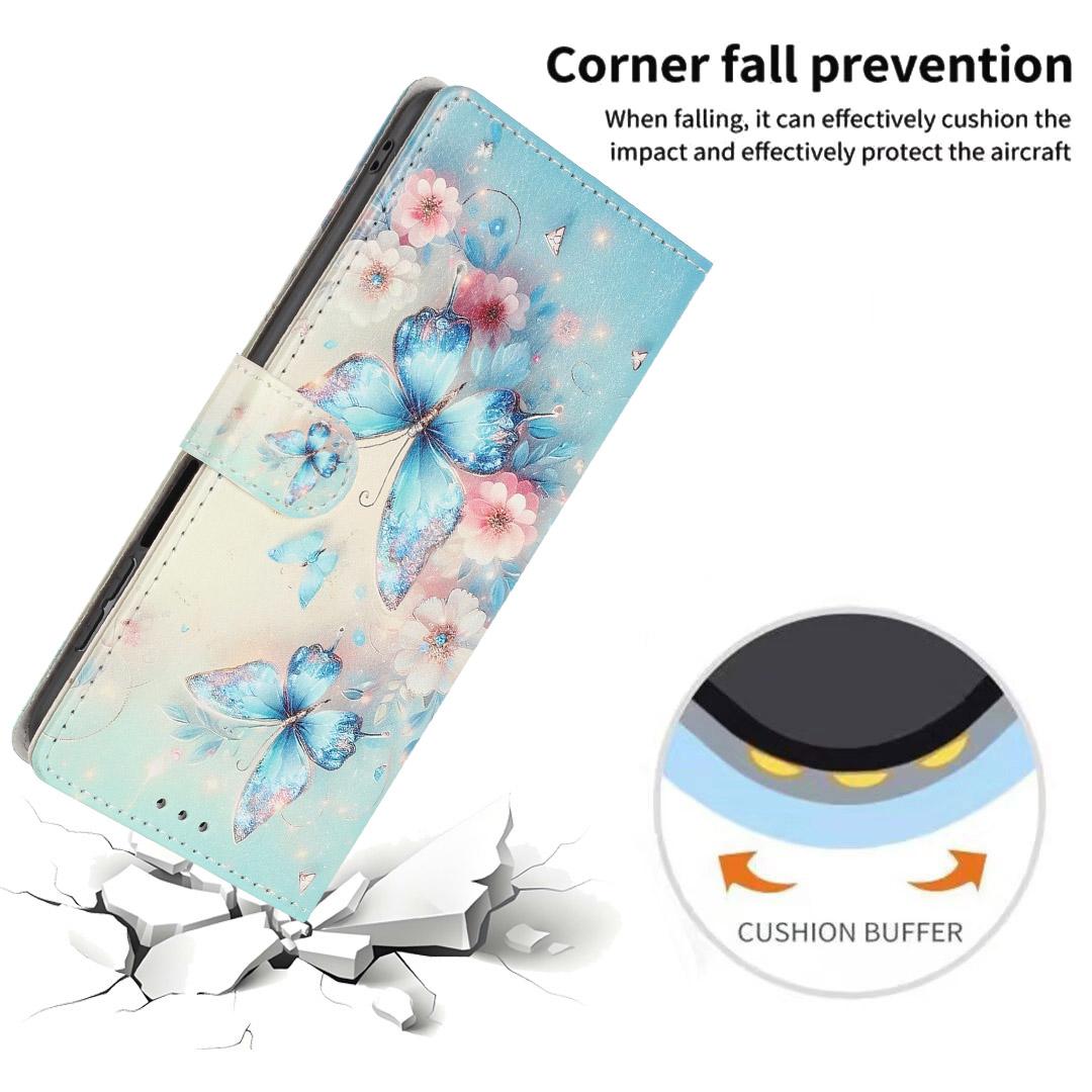 Compatible with iPhone 18 Pro Max Colorful Painting Vegan Leather Phone Case with Lanyard - Blue Butterflies