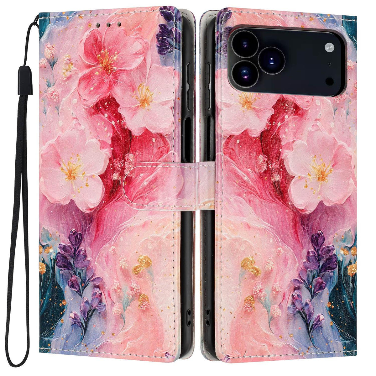 Compatible with iPhone 18 Pro Max Colorful Painting Vegan Leather Phone Case with Lanyard - Oil Painting Flowers