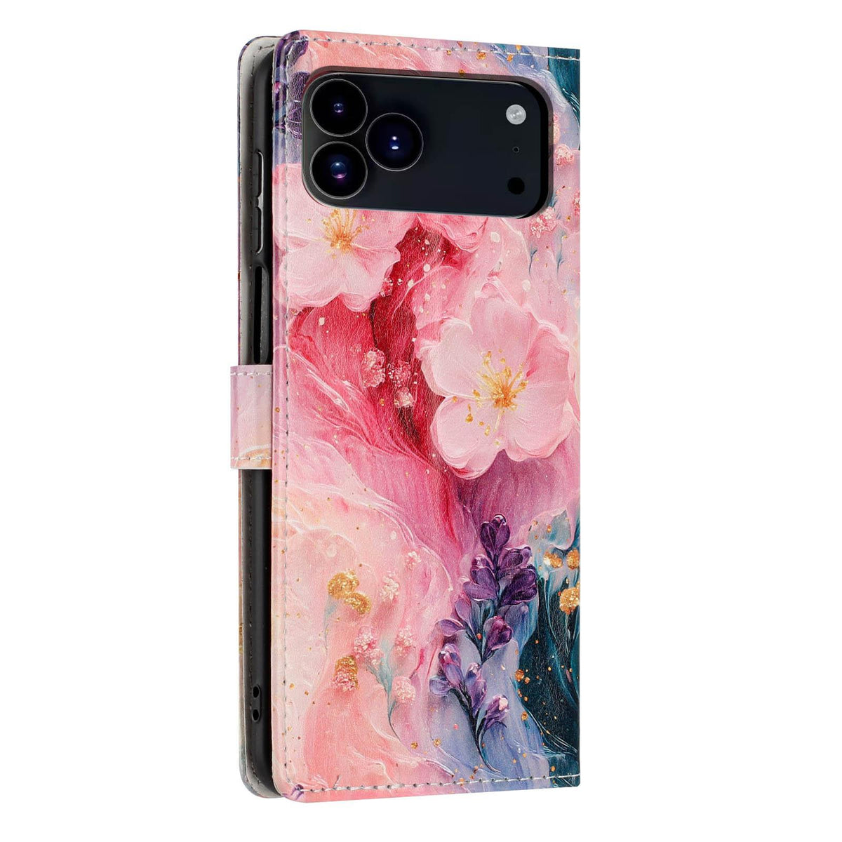 Compatible with iPhone 18 Pro Max Colorful Painting Vegan Leather Phone Case with Lanyard - Oil Painting Flowers
