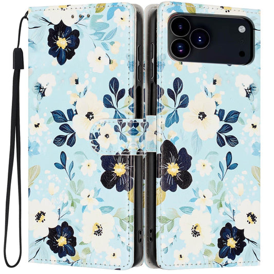 Compatible with iPhone 18 Pro Max Colorful Painting Vegan Leather Phone Case with Lanyard - Blue Background Flower