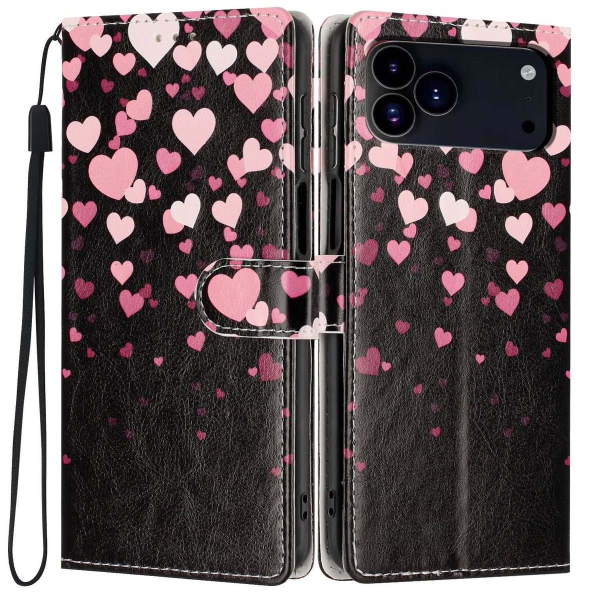 Compatible with iPhone 18 Pro Max Colorful Painting Vegan Leather Phone Case with Lanyard - Hearts