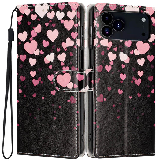 Compatible with iPhone 18 Pro Max Colorful Painting Vegan Leather Phone Case with Lanyard - Hearts