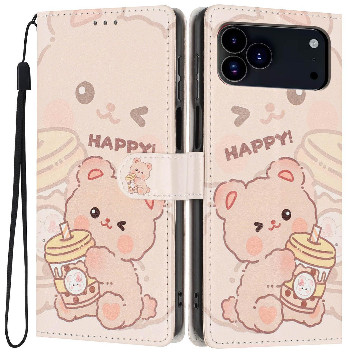 Compatible with iPhone 18 Pro Colorful Painting Vegan Leather Phone Case with Lanyard - Milk Tea Bear