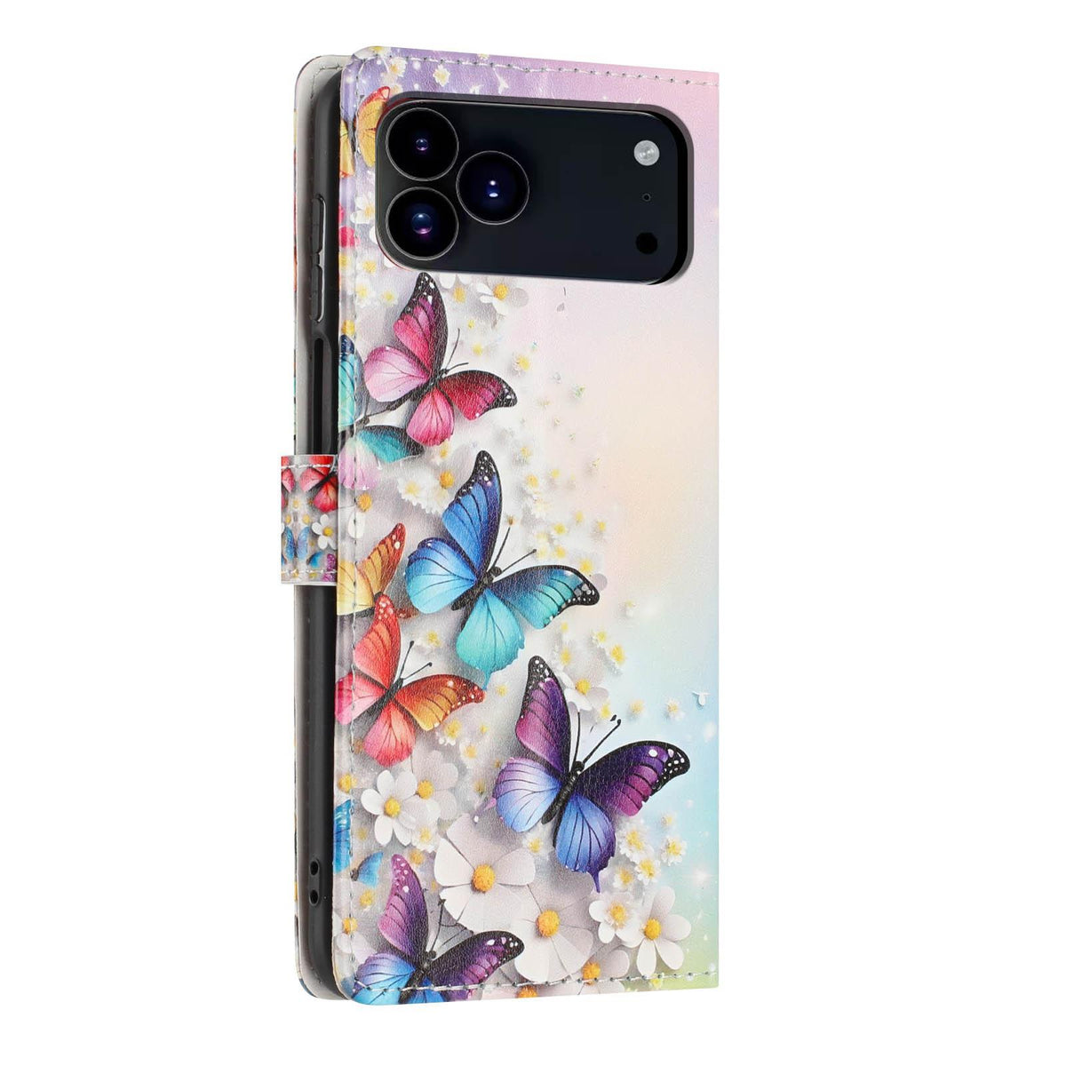 Compatible with iPhone 18 Pro Colorful Painting Vegan Leather Phone Case with Lanyard - Colorful Butterflies