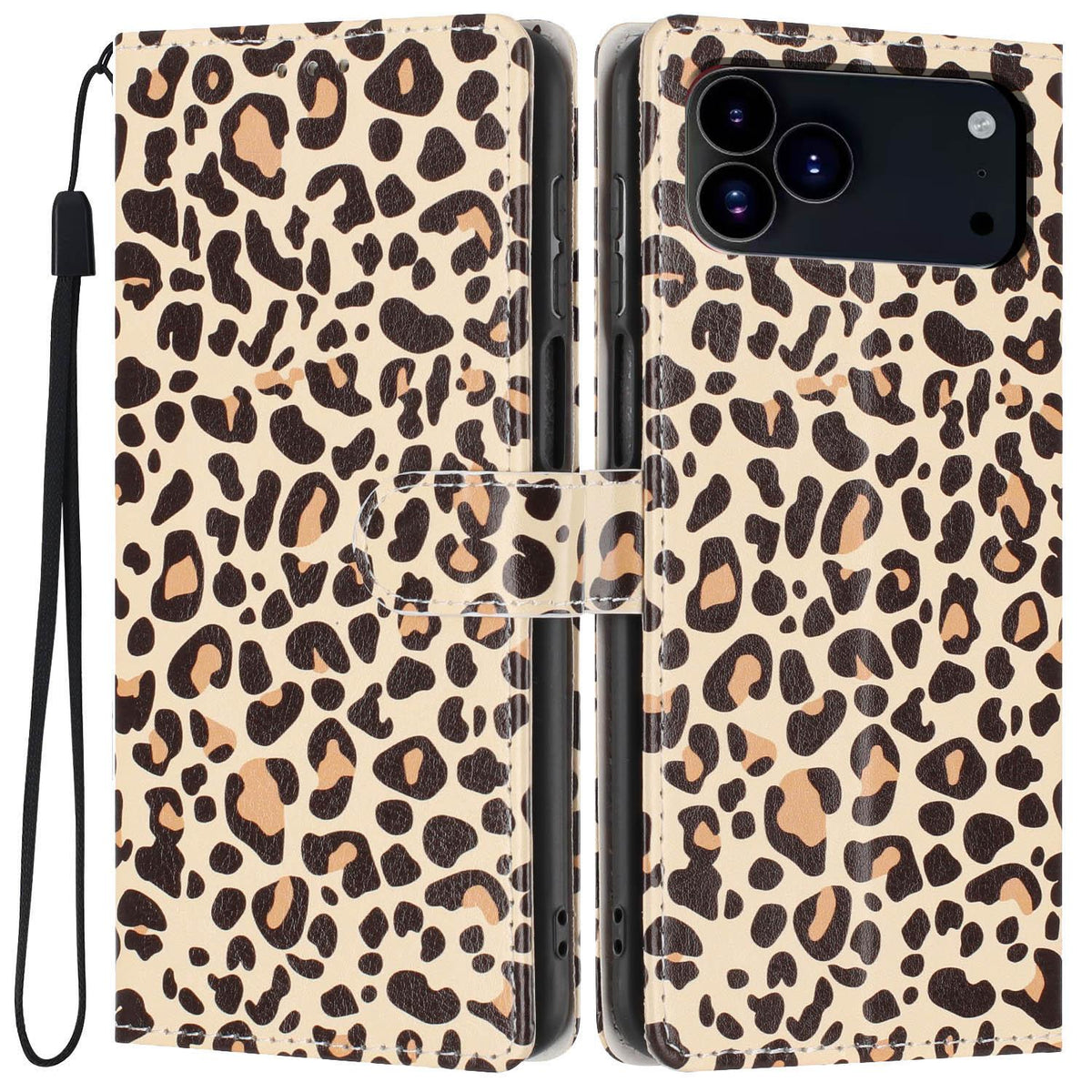 Compatible with iPhone 18 Pro Colorful Painting Vegan Leather Phone Case with Lanyard - Leopard Print