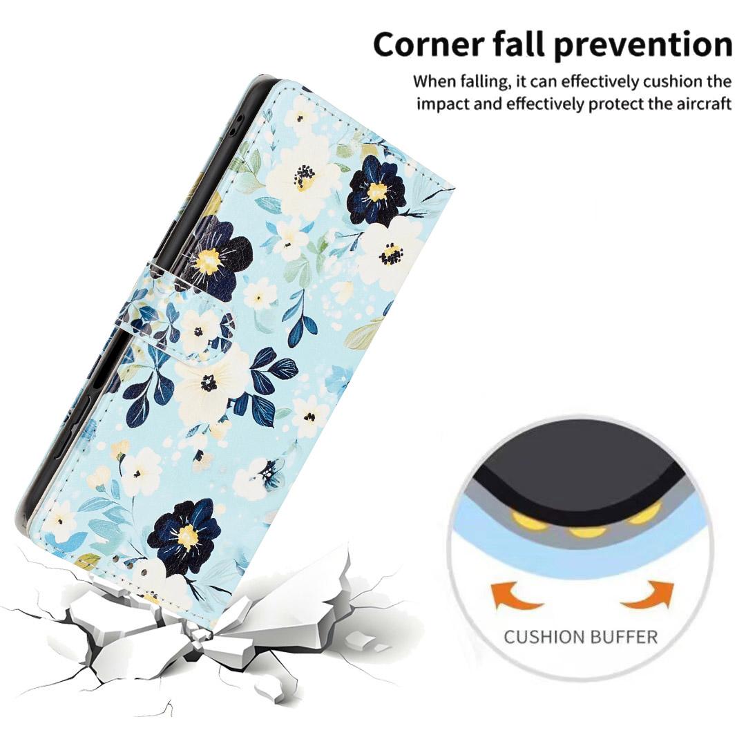 Compatible with iPhone 18 Pro Colorful Painting Vegan Leather Phone Case with Lanyard - Blue Background Flower